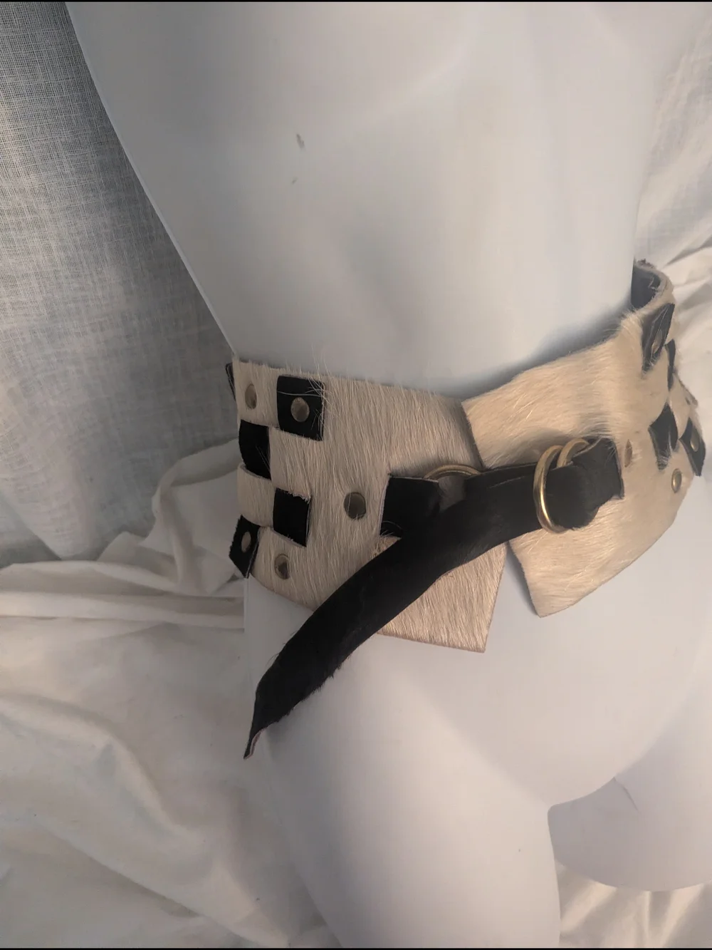 Wide Ivory and Black Haircalf Checkerboard Suede Artisan Statement Waist Belt